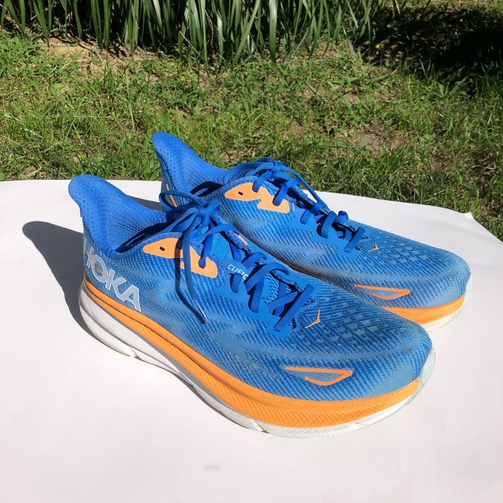 Hoka Clifton 9 Mens Running Shoes sneakers Blue Orange Size 11.5 D Wide Flaws